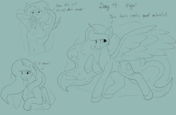 Size: 2000x1302 | Tagged: safe, artist:dexterthekobold, derpibooru import, princess luna, alicorn, human, pony, female, human to pony, monochrome, raised hoof, raised leg, sketch, sleepy, species swap, transformation