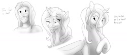 Size: 1280x553 | Tagged: safe, artist:dexterthekobold, derpibooru import, oc, oc only, oc:slade, alicorn, human, pony, bust, human to pony, male to female, monochrome, rule 63, sketch, species swap, transformation, transgender transformation, vulgar