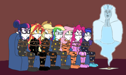 Size: 3783x2267 | Tagged: safe, artist:bugssonicx, derpibooru import, applejack, fluttershy, pinkie pie, rainbow dash, rarity, sci-twi, sunset shimmer, twilight sparkle, ghost, human, undead, equestria girls, g4, arm behind back, bondage, bound and gagged, cloth gag, clothes, emanata, footed sleeper, footie pajamas, gag, glasses, hair bun, halloween, holiday, holiday themed sleepwear, humane five, humane seven, humane six, nightgown, one eye closed, onesie, oracle, ouija board, over the nose gag, pajamas, rope, rope bondage, sitting, sleep mask, sleepover, slumber party, socks, sofa, spirit, sunset's apartment, sunsets apartment, sweat, sweatdrops, teary eyes, tied up