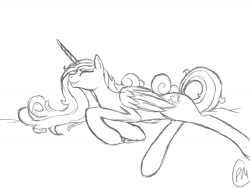 Size: 1600x1200 | Tagged: artist needed, safe, derpibooru import, princess cadance, alicorn, pony, g4, black and white, drawthread, eyes closed, female, grayscale, grin, lineart, lying down, mare, monochrome, signature, simple background, smiling, solo, unfinished art, white background