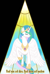 Size: 564x837 | Tagged: safe, artist:higvern, derpibooru import, princess celestia, alicorn, g4, eyes closed, female, jewelry, mlp fim's fourteenth anniversary, regalia, smiling, solo, tiara