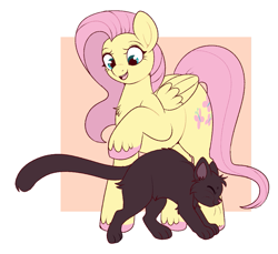 Size: 1013x927 | Tagged: safe, artist:lulubell, derpibooru import, fluttershy, cat, pegasus, pony, black cat, cute, eyes closed, female, happy, mare, open mouth, open smile, raised hoof, raised leg, shyabetes, smiling, solo