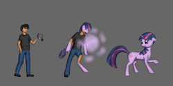 Size: 2000x1000 | Tagged: safe, artist:tomek1000, derpibooru import, twilight sparkle, unicorn twilight, oc, oc:acesential, human, pony, unicorn, g4, confused, coughing, female, gray background, horn, human male, human to pony, male, male to female, mare, perfume, rule 63, simple background, solo, species swap, transformation, transformation sequence, transgender transformation