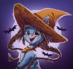 Size: 2000x1902 | Tagged: safe, artist:querisyart, derpibooru import, oc, oc only, oc:querisy, bat, pegasus, pony, braid, bust, female, full moon, halloween, hat, heterochromia, holiday, looking at you, mare, moon, night, portrait, smiling, smiling at you, solo, witch hat