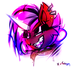 Size: 1344x1250 | Tagged: safe, artist:madragon, derpibooru import, oc, oc only, oc:dewulf, pony, unicorn, braces, bust, ear fluff, ears, eyeshadow, horn, lidded eyes, looking at you, makeup, nose piercing, piercing, punk, simple background, smiling, solo, white background