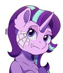 Size: 2717x3151 | Tagged: safe, artist:morrigun, derpibooru import, starlight glimmer, pony, unicorn, g4, bust, fangs, female, halloween, holiday, horn, makeup, mare, mlp fim's fourteenth anniversary, purple coat, purple eyes, signature, simple background, solo, spider web, transparent background