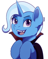 Size: 2769x3390 | Tagged: safe, artist:morrigun, derpibooru import, trixie, pony, undead, unicorn, vampire, g4, blue coat, bust, cape, clothes, fangs, female, halloween, holiday, horn, makeup, mare, mlp fim's fourteenth anniversary, purple eyes, signature, simple background, solo, transparent background