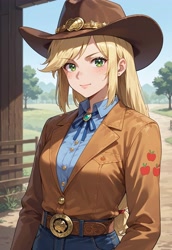 Size: 2560x3712 | Tagged: safe, ai content, derpibooru import, machine learning generated, applejack, human, belt, clothes, cowboy hat, generator:perfect pony xl, hat, humanized, jacket, prompter:massbrainimpact, shirt