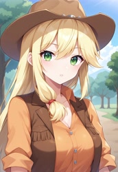 Size: 2560x3712 | Tagged: safe, ai content, derpibooru import, machine learning generated, applejack, human, clothes, cowboy hat, cute, feminism, generator:hassaku xl, hat, humanized, jackabetes, ponytail, prompter:massbrainimpact, shirt, stetson, vest