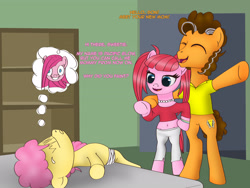 Size: 3072x2304 | Tagged: safe, artist:anonymousandrei, derpibooru exclusive, derpibooru import, cheese sandwich, li'l cheese, pacific glow, pinkie pie, earth pony, pony, comic:life of li'l cheese, g4, bedroom, bipedal, colt, dialogue, faint, father and child, father and son, female, foal, male, mare, older, older cheese sandwich, older pinkie pie, parent and child, stallion, talking, thought bubble, trio