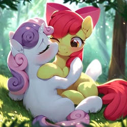 Size: 2048x2048 | Tagged: safe, ai content, derpibooru import, generator:pony diffusion v6 xl, generator:stable diffusion, machine learning generated, apple bloom, sweetie belle, earth pony, pony, unicorn, g4, adorabloom, blushing, cute, diasweetes, duo, duo female, female, filly, foal, horn, hug, kiss on the cheek, kissing, lesbian, outdoors, prompter:ranserthus, ship:sweetiebloom, shipping, weapons-grade cute