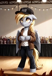 Size: 800x1169 | Tagged: safe, ai content, derpibooru import, generator:pony diffusion v6 xl, generator:stable diffusion, machine learning generated, derpy hooves, pegasus, pony, semi-anthro, g4, 8 mile, bipedal, cap, clothes, crowd, ddrpabetes, denim, female, hat, indoors, jacket, mare, pants, prompter:gregorymars, rap battle, shirt, solo focus, stage, standing, t-shirt