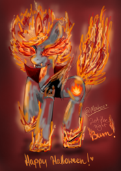 Size: 2893x4092 | Tagged: safe, artist:mashee, derpibooru import, oc, oc:fire light, demon, demon pony, pony, unicorn, burning, clothes, costume, female, fire, glowing, glowing horn, gradient background, gray coat, halloween, halloween costume, happy, holiday, hooves, hooves up, horn, hot, leather, looking at you, mane of fire, mare, solo, standing