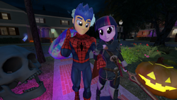 Size: 2560x1440 | Tagged: safe, artist:oatmeal!, derpibooru import, flash sentry, twilight sparkle, ghost, human, undead, equestria girls, g4, 3d, bag, candy bag, clothes, costume, female, fire emblem, fire emblem awakening, flashlight, gmod, halloween, halloween costume, holding hands, holiday, humanized, jack-o-lantern, looking at each other, looking at someone, lucina, male, marvel, marvel comics, meme, night, nintendo, pumpkin, shipping, skull, spider-man, straight, sword, trick or treat, walking, weapon