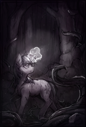 Size: 1301x1920 | Tagged: safe, artist:bantha, derpibooru import, twilight sparkle, unicorn twilight, pony, unicorn, forest, horror, magic, monochrome, nature, roots, scared, solo, tree