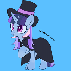 Size: 4096x4096 | Tagged: safe, artist:metaruscarlet, derpibooru import, oc, oc only, oc:flawless sparklemoon, pony, unicorn, blue background, cape, clothes, fanart, fusion, fusion:trixie, fusion:twilight sparkle, fusion:twixie, hat, hoof on chest, horn, my little pony the movie: the death of twilight sparkle, raised hoof, raised leg, simple background, solo, starry eyes, stars, unicorn oc, wingding eyes