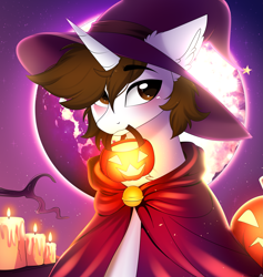 Size: 4087x4307 | Tagged: safe, alternate version, artist:2pandita, derpibooru import, oc, pony, unicorn, absurd resolution, alternate character, candle, commission, hat, horn, male, moon, mouth hold, pumpkin bucket, solo, stallion, wizard hat, ych result