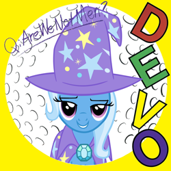 Size: 2280x2280 | Tagged: safe, artist:alicesponycorner, derpibooru import, trixie, pony, unicorn, g4, 70s, 80s, album, album cover, devo, horn, music, new wave, parody