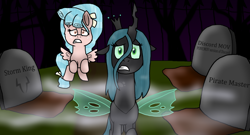 Size: 1668x898 | Tagged: safe, artist:alexeigribanov, derpibooru import, cozy glow, queen chrysalis, changeling, pegasus, g4, .mov, dead tree, deviantart, forest, gate, graveyard, halloween, holiday, implied storm king, nature, night, pony.mov, scared, shantae, tree