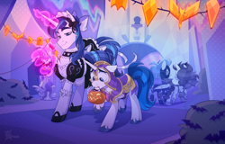 Size: 3200x2042 | Tagged: safe, artist:thewandie, shining armor, oc, oc:feathertrap, pony, unicorn, armor, armored pony, background pony, bow, candy, choker, commission, confident, crossdressing, crystal empire, decoration, femboy, frilly, frilly skirt, glowing horn, hair bow, halloween 2024, headdress, hooves, horn, magic, maid, maid outfit, male, mouth hold, nervous, nightmare night, nightmare night costume, puffy sleeves, pumpkin bucket, royal guard armor, shining armor's helmet, shiningtrap, sissy, slippers, stallion, struggling, strutting, telekinesis, unshorn fetlocks