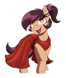 Size: 2556x3000 | Tagged: safe, artist:lockheart, derpibooru import, oc, oc only, earth pony, pony, black background, clothes, dress, female, long eyelashes, looking at you, mare, mare fair, open mouth, open smile, red dress, simple background, smiling, smiling at you, solo, transparent background