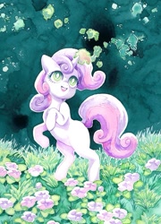 Size: 725x1007 | Tagged: safe, artist:fleebites, derpibooru import, sweetie belle, pony, unicorn, g4, female, filly, flower, foal, horn, magic, rearing, solo, traditional art, watercolor painting