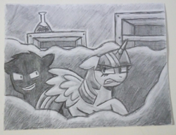 Size: 1280x983 | Tagged: safe, artist:rosa ushiromiya, derpibooru import, applejack, twilight sparkle, alicorn, earth pony, pony, fanfic:another apple sleep experiment, g4, angry, duo, duo female, female, fog, mare, monochrome, potion, shadow, traditional art