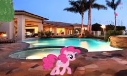 Size: 1253x750 | Tagged: safe, artist:yeaka, derpibooru import, pinkie pie, g4, collect cupcakes lick ponies, female, flash game, house, palm tree, solo, swimming pool, tree, youtube link