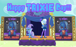 Size: 5397x3337 | Tagged: safe, artist:shieldwingarmorofgod, derpibooru import, trixie, human, unicorn, equestria girls, g4, female, horn, solo, stage, trixie day