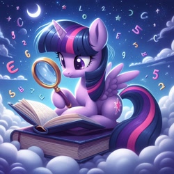 Size: 1024x1024 | Tagged: safe, ai content, derpibooru import, machine learning generated, twilight sparkle, twilight sparkle (alicorn), alicorn, g4, book, female, magnifying glass, moon, prompter:bluey2309, solo