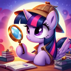 Size: 1024x1024 | Tagged: safe, ai content, derpibooru import, machine learning generated, twilight sparkle, twilight sparkle (alicorn), alicorn, g4, 19th century, 20th century, book, cute, deerstalker, detective, edwardian, female, feminism, hat, magnifying glass, moon, prompter:bluey2309, sherlock sparkle, solo, twiabetes, twisass sparkle, victorian