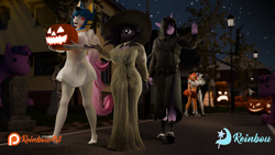 Size: 1920x1080 | Tagged: safe, artist:reinbou, derpibooru import, rarity, oc, oc:blueberry milkshake, oc:doodle, oc:rein, oc:sweet cinnamon, anthro, pegasus, unicorn, 3d, blender, blender cycles, clothes, costume, halloween, halloween costume, holiday, horn