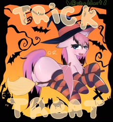 Size: 1516x1642 | Tagged: safe, artist:cheddart, derpibooru import, oc, oc only, oc:cheddy, bat pony, pony, undead, vampire, vampony, butt, clothes, costume, fangs, halloween, halloween costume, hat, holiday, large butt, lingerie, spooky, stockings, thigh highs, trick or treat, witch costume, witch hat