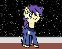 Size: 2048x1617 | Tagged: safe, artist:ewoudcponies, derpibooru import, part of a set, star dancer, earth pony, pony, g4, clothes, female, looking at you, mare, smiling, smiling at you, solo, space, spaceship, uniform