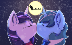 Size: 4000x2500 | Tagged: safe, artist:skylarty, derpibooru import, oc, oc:moondazzle, oc:sunshine sparkle, unicorn, christmas, commission, couple, eyes closed, holiday, horn, kissing, prize, santa claus, snow, snowfall