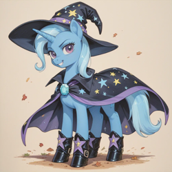 Size: 1024x1024 | Tagged: safe, ai content, derpibooru import, machine learning generated, trixie, pony, unicorn, g4, cape, clothes, female, full body, generator:perfect pony xl, grin, hat, horn, looking at you, mare, prompter:pawels, shoes, smiling, smiling at you, solo, witch