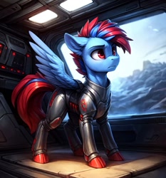 Size: 896x960 | Tagged: safe, ai content, derpibooru import, machine learning generated, oc, oc only, oc:hellfire, pegasus, armor, blue fur, fanfic art, fantasy, male, mountain, prompter:vencelyon, red eyes, red hooves, science fiction, solo, spaceship