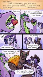 Size: 2166x3860 | Tagged: safe, artist:overlordneon, derpibooru import, rarity, spike, oc, oc:pek, diamond dog, dragon, pony, unicorn, g4, alternate hairstyle, ask, comic, diamond dog oc, female, female diamond dog, gem, high res, horn, male, mare, older, older spike, open mouth, open smile, smiling, trio, tumblr