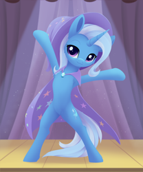 Size: 2020x2430 | Tagged: safe, artist:dusthiel, derpibooru import, trixie, pony, unicorn, g4, belly, bipedal, concave belly, female, horn, mare, pose, slender, smiling, solo, spotlight, stage, thin, trixie day