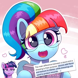 Size: 3522x3505 | Tagged: safe, artist:pabbley, derpibooru import, rainbow dash, twilight sparkle, pegasus, pony, unicorn, g4, adorkable, alternate hairstyle, artificial intelligence, book, cute, dashabetes, dialogue, dork, duo, duo female, egghead dash, female, glasses, google, horn, manebow sparkle, mare, ponytail, rainbow dumb, round glasses, solo focus, speech bubble, talking to viewer, wrong