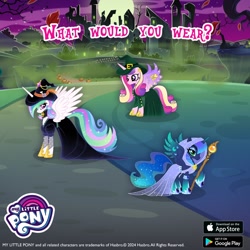 Size: 1080x1080 | Tagged: safe, derpibooru import, princess cadance, princess celestia, princess luna, alicorn, pony, g4, alicorn triarchy, clothes, dress, female, gameloft, hat, mare, staff, trio, trio female, witch costume, witch hat