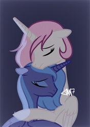 Size: 1039x1476 | Tagged: safe, artist:tantann_7, derpibooru import, princess celestia, princess luna, alicorn, pony, g4, duo, duo female, ears, female, floppy ears, hug, mare, pink-mane celestia, royal sisters, sad, sibling love, siblings, sisters, young celestia, young luna