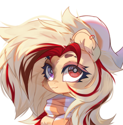 Size: 3941x4011 | Tagged: safe, artist:jfrxd, derpibooru import, oc, oc only, oc:kyra, pegasus, pony, big eyes, cheek fluff, clothes, ear fluff, ear piercing, earring, ears, eyebrow slit, eyebrows, female, floating eyebrows, heterochromia, jewelry, piercing, scarf, simple background, solo, striped scarf, white background