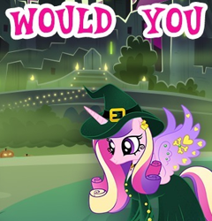 Size: 339x353 | Tagged: safe, derpibooru import, princess cadance, alicorn, pony, g4, clothes, cropped, dress, english, female, gameloft, hat, horn, mare, meme, solo, text, witch costume, witch hat, wow! glimmer