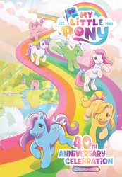 Size: 1400x2025 | Tagged: safe, artist:alexa cordeiro, derpibooru import, idw, blossom, blue belle, butterscotch (g1), cotton candy (g1), minty (g1), snuzzle, earth pony, pony, g1, spoiler:comic, 40th anniversary, castle, cloud, comic cover, cover, cover art, dream castle, female, mare, my little pony 40th anniversary special, my little pony logo, official, official comic, original six, rainbow, river, sky, text, water