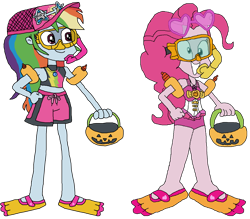 Size: 3882x3405 | Tagged: safe, artist:christian soto, derpibooru import, pinkie pie, rainbow dash, better together, equestria girls, forgotten friendship, g4, clothes, equestria girls specials, female, flippers, goggles, halloween, hat, holiday, pumpkin bucket, simple background, snorkel, sunglasses, swim mask, swimsuit, transparent background, trick or treat, water wings