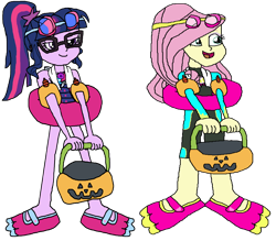 Size: 3882x3405 | Tagged: safe, artist:christian soto, derpibooru import, fluttershy, sci-twi, twilight sparkle, better together, equestria girls, forgotten friendship, g4, clothes, equestria girls specials, female, flippers, glasses, goggles, halloween, holiday, inner tube, pool toy, pumpkin bucket, simple background, swimsuit, towel, transparent background, trick or treat, water wings, wetsuit