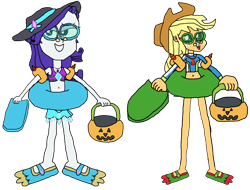 Size: 4470x3405 | Tagged: safe, artist:christian soto, derpibooru import, applejack, rarity, better together, equestria girls, forgotten friendship, g4, clothes, equestria girls specials, female, flippers, goggles, halloween, hat, holiday, inner tube, noseclip, pool toy, pumpkin bucket, simple background, sunscreen, swimsuit, transparent background, trick or treat, water wings