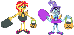 Size: 7125x3333 | Tagged: safe, artist:christian soto, derpibooru import, sunset shimmer, trixie, better together, equestria girls, forgotten friendship, g4, bikini, clothes, equestria girls specials, female, flippers, goggles, halloween, hat, holiday, inner tube, noseclip, pool toy, pumpkin bucket, simple background, sunscreen, swimsuit, transparent background, trick or treat, water wings