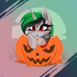 Size: 2500x2500 | Tagged: safe, artist:darky_wings, derpibooru import, oc, oc only, pony, unicorn, commission, cute, gradient background, halloween, halloween 2024, holiday, horn, ocbetes, outdoors, pumpkin, solo, ych example, your character here